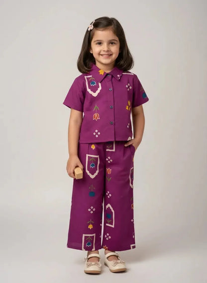 Purple floral girls cotton co-ord set