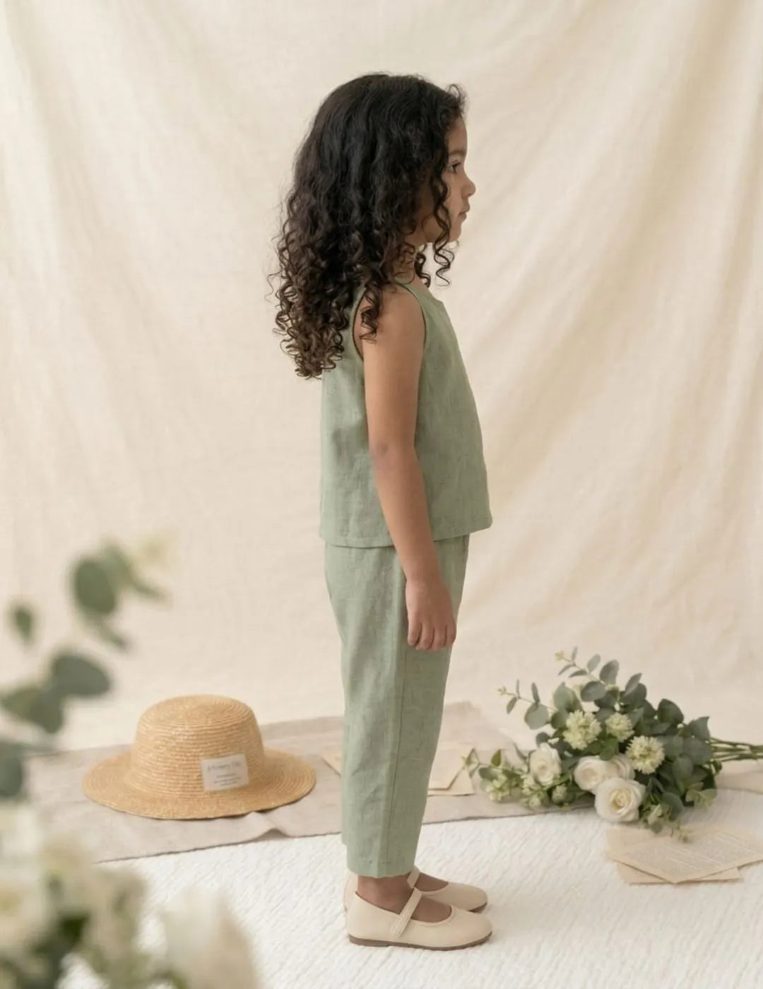 side view of girls cotton co-ord set green outfit with comfortable fit