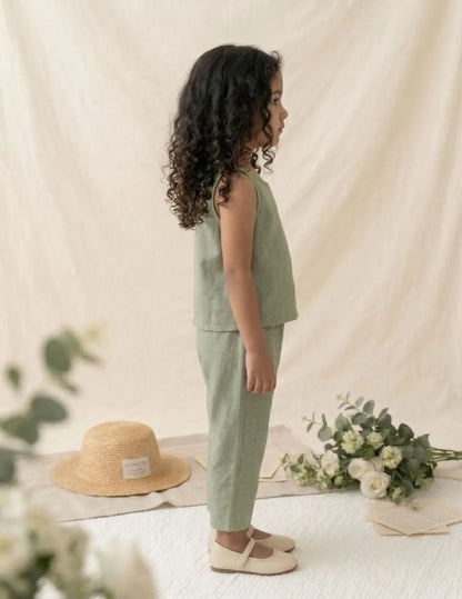side view of girls cotton co-ord set green outfit with comfortable fit