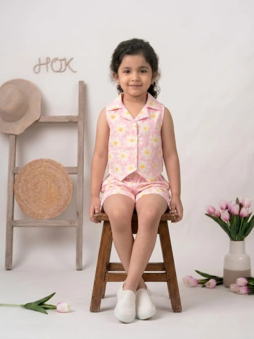 Girls co-ord set sitting position soft cotton summer outfit