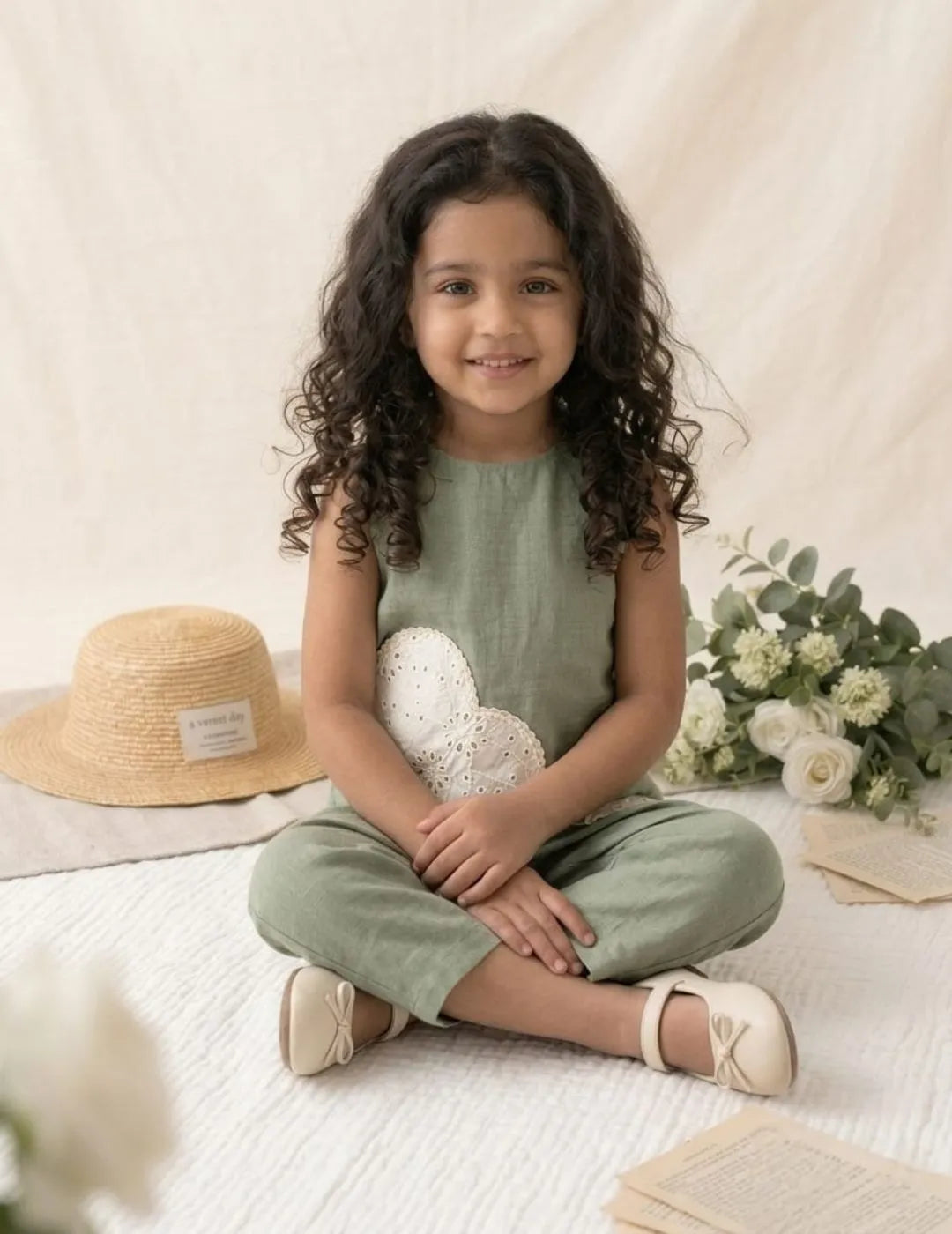 girl sitting wearing green cotton co-ord set with lace heart design