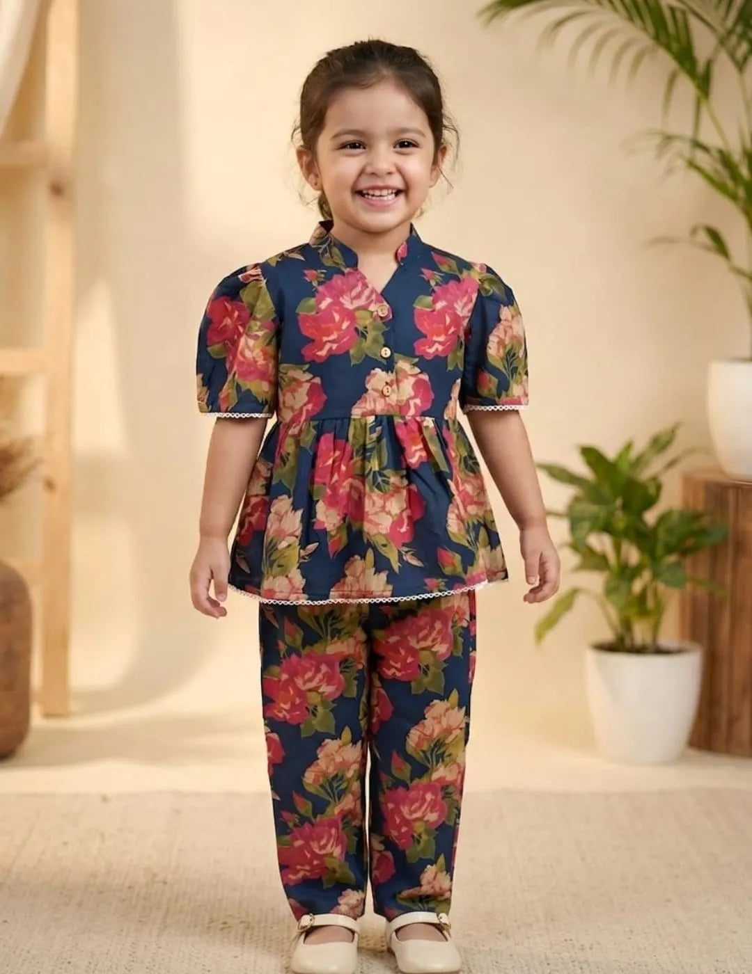 girl wearing floral cotton co-ord set front view printed top and pants outfit