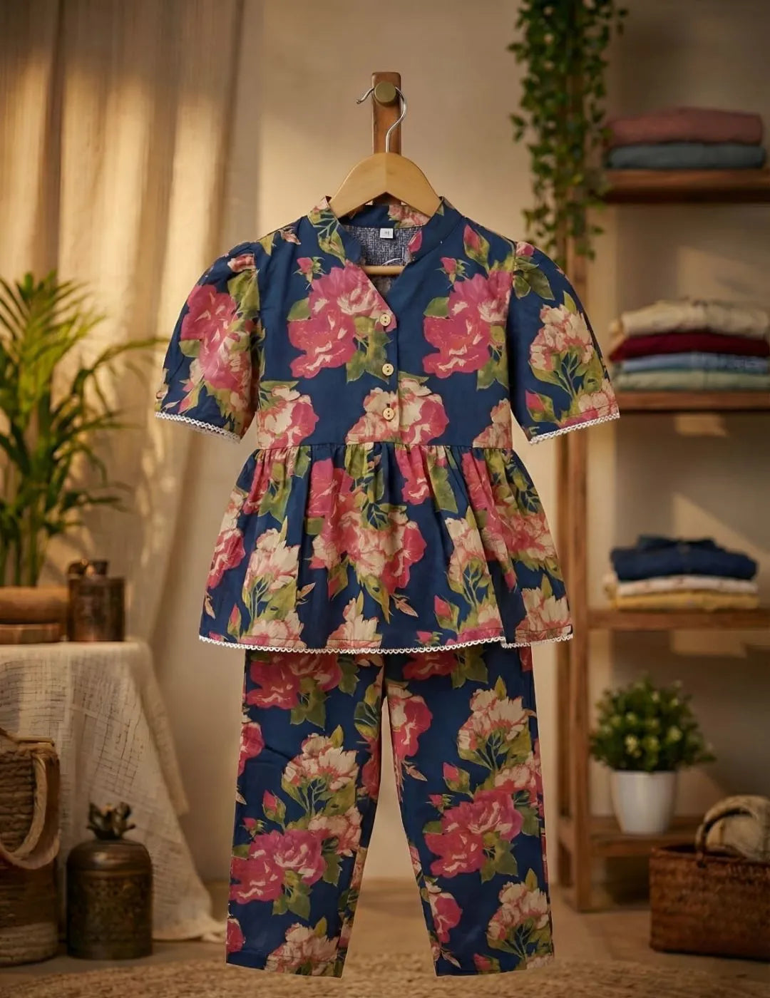 kids floral cotton co-ord set front view stylish printed top with matching pants