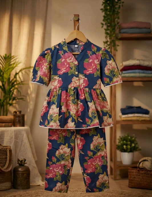 kids floral cotton co-ord set front view stylish printed top with matching pants