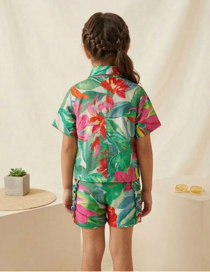back view of girls tropical floral cotton shirt and shorts co-ord set