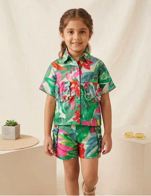 kids floral cotton co-ord set front view with colorful tropical print
