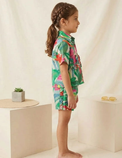 side view of girls cotton floral co-ord set with relaxed fit shorts