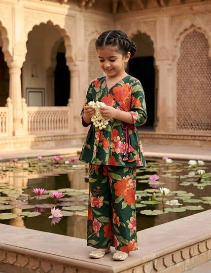 kids green floral co-ord set front view wrap style top with tie-up detail