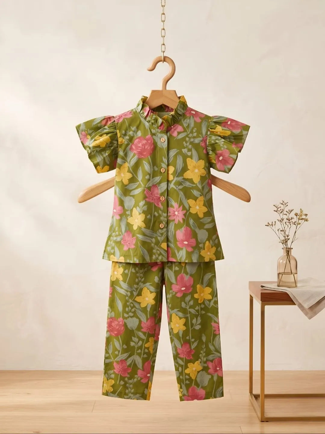 Kids green floral printed cotton co-ord set with matching pants