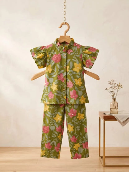 Kids green floral printed cotton co-ord set with matching pants