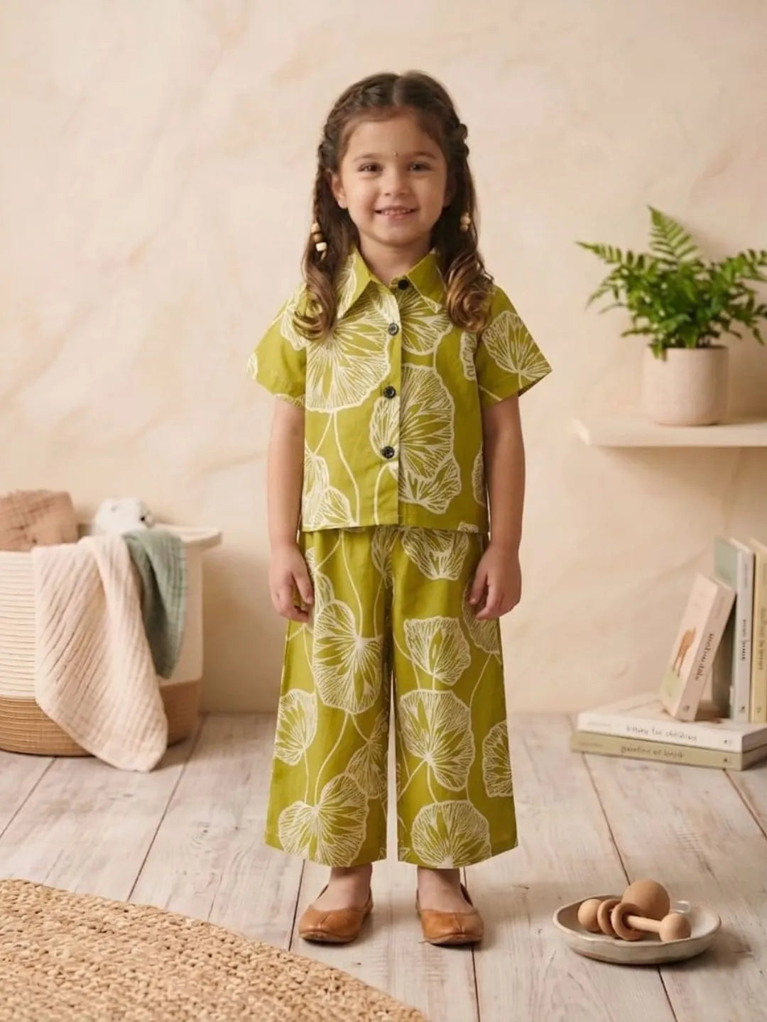 Girls green printed co-ord set front view with shirt and wide-leg pants