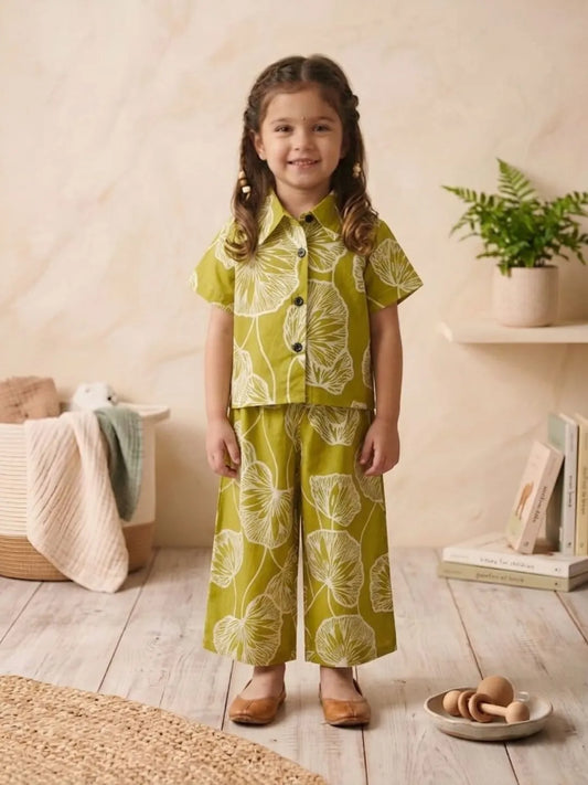 Girls green printed co-ord set front view with shirt and wide-leg pants