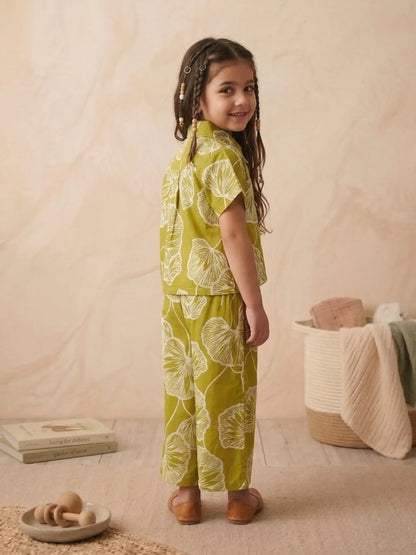 Side view of girls green co-ord set outfit