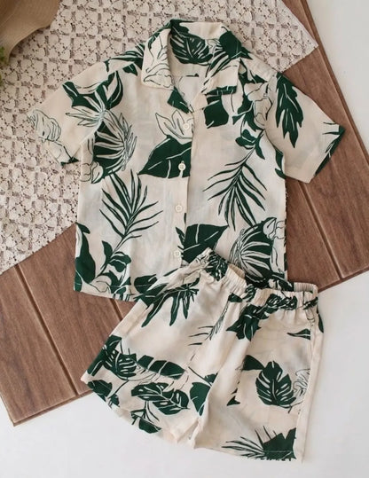 girls trendy leaf print co-ord set front view relaxed fit outfit