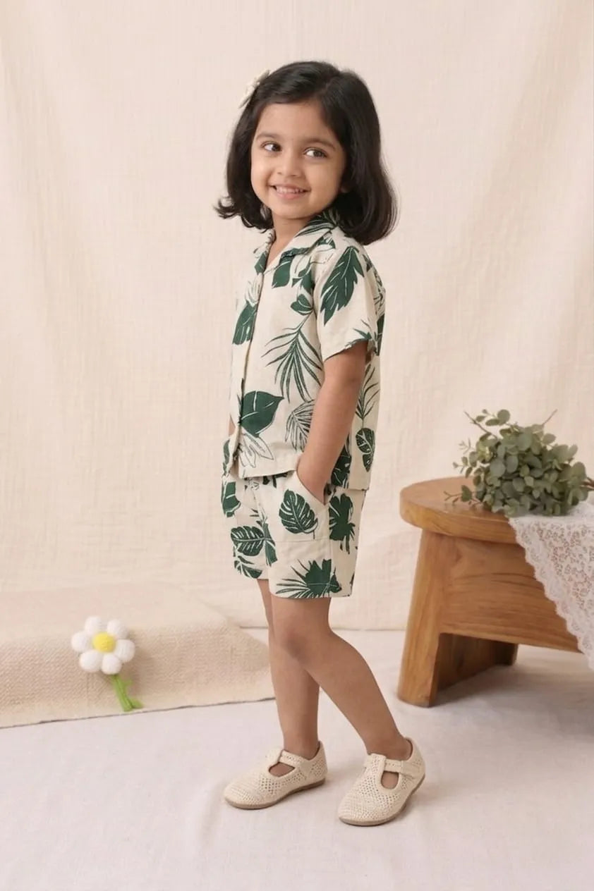 side view of girls leaf print shirt and shorts co-ord set comfortable fit