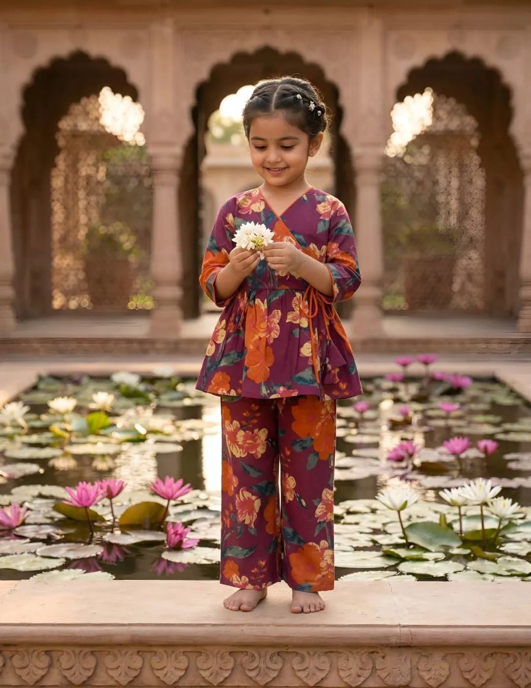 kids maroon floral co-ord set front view stylish wrap top with tie detail