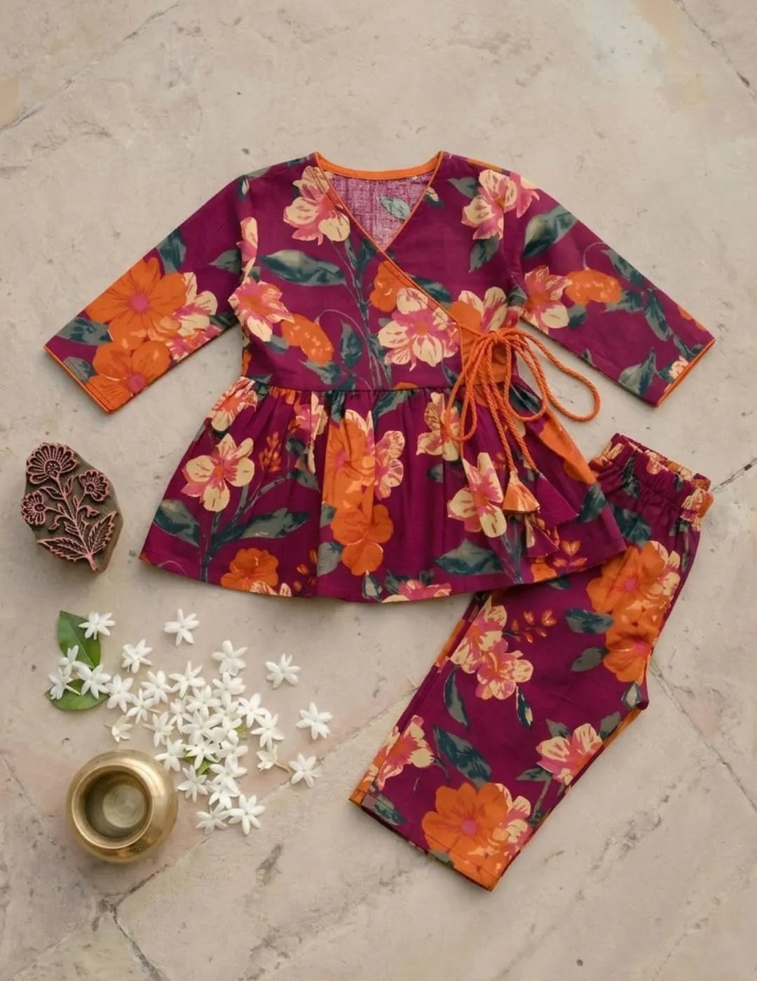 girls maroon floral outfit front view peplum top and matching pants