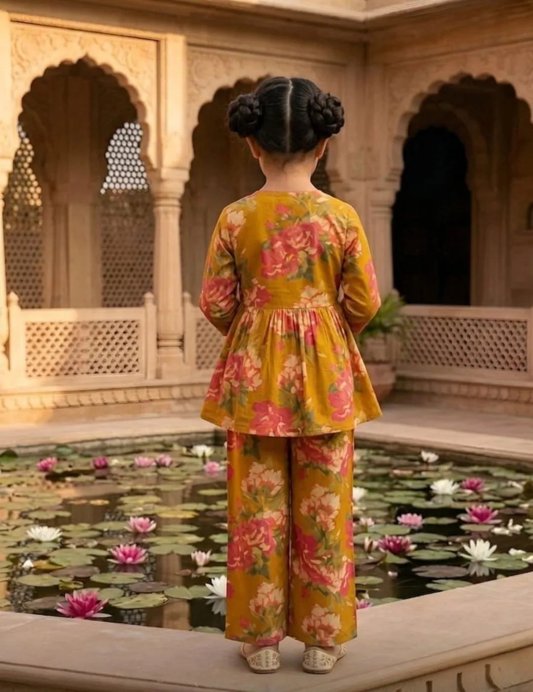 back view of girls mustard floral co-ord set top and pants outfit