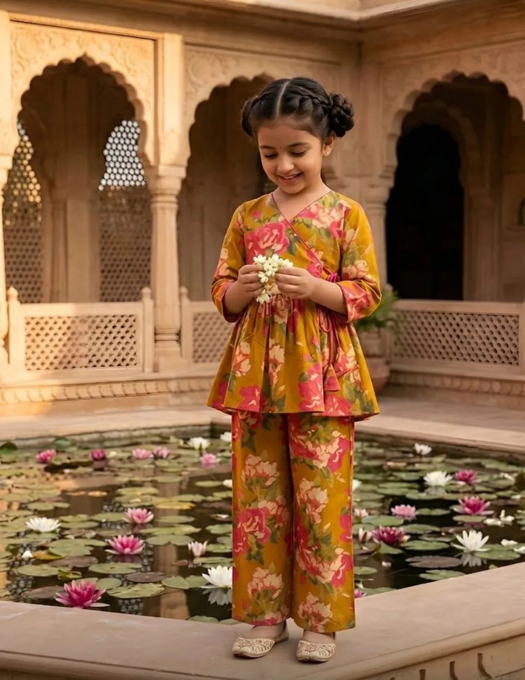 kids mustard floral co-ord set front view wrap top with tie-up detail