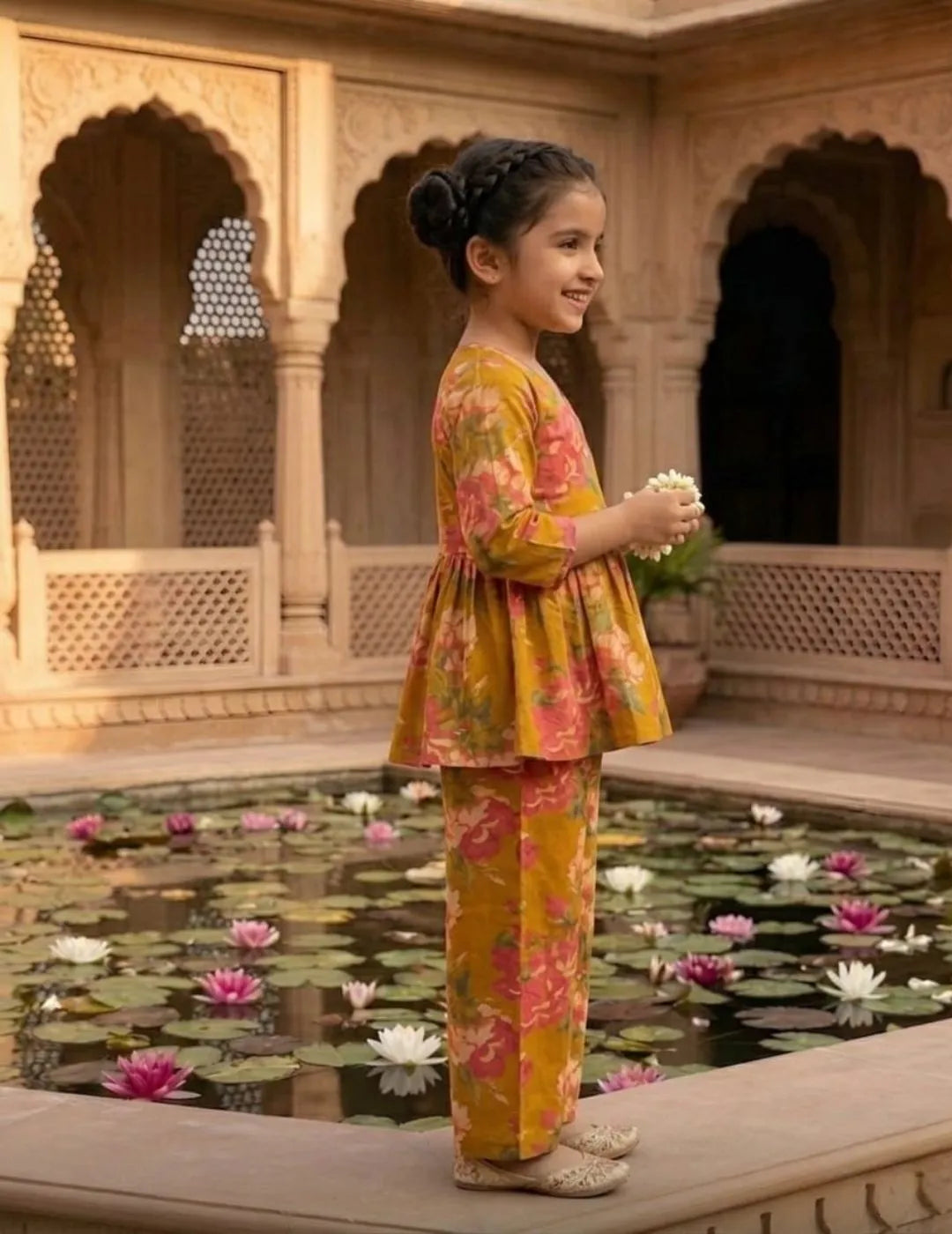 side view of girls mustard floral co-ord set wrap style top and pants