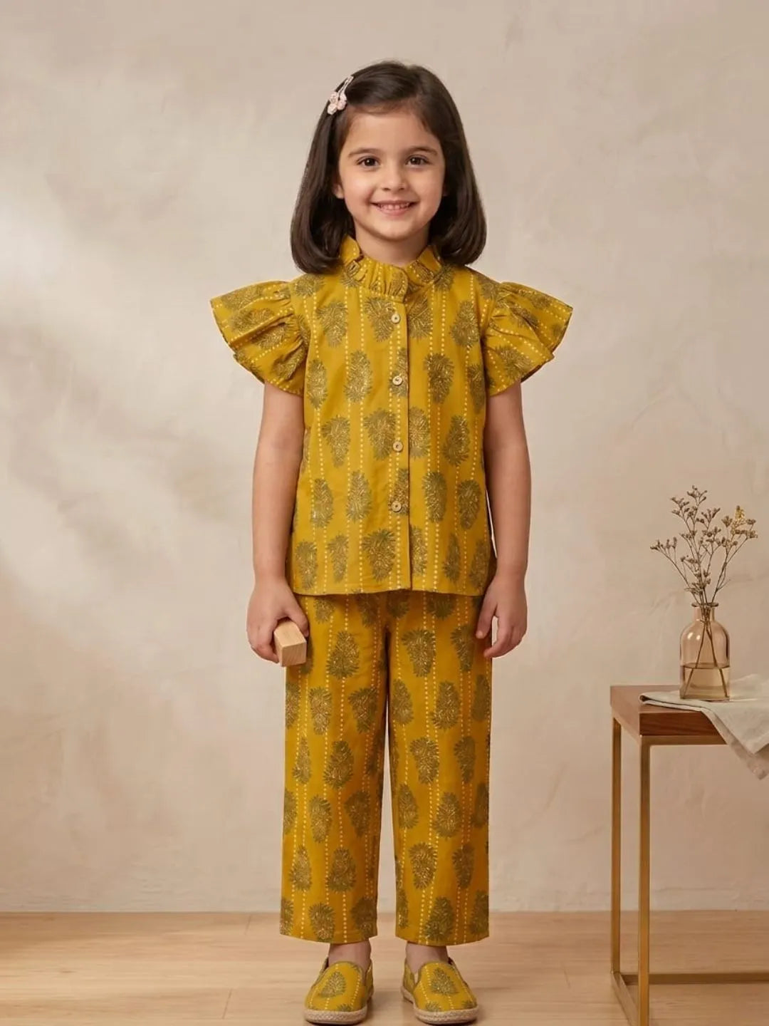 Girl wearing mustard printed cotton co-ord set with flutter sleeves front view