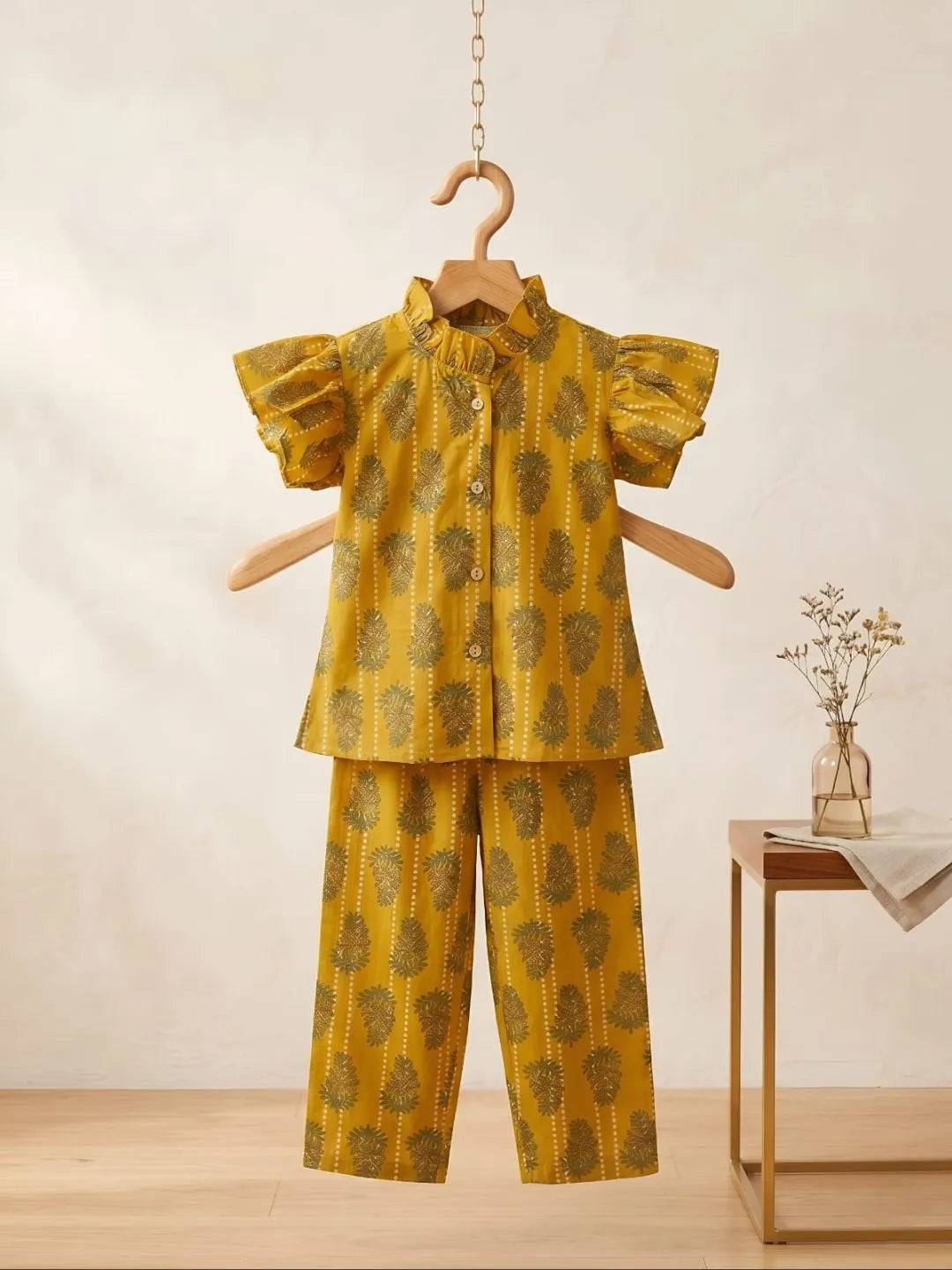 Kids mustard cotton co-ord set with button-down top and matching pants
