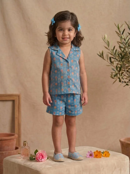 Girls pastel floral sleeveless co-ord set in blue front view