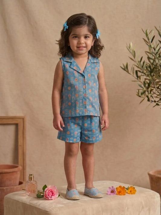 Girls pastel floral sleeveless co-ord set in blue front view