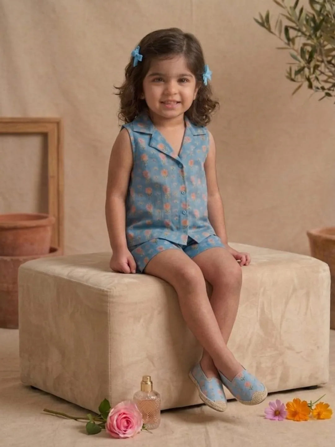 Toddler girl wearing blue pastel floral sleeveless co-ord set sitting pose