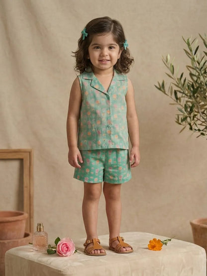 Girls pastel floral sleeveless co-ord set in green front view
