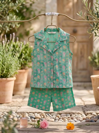 Kids green floral cotton top and shorts co-ord set front angle