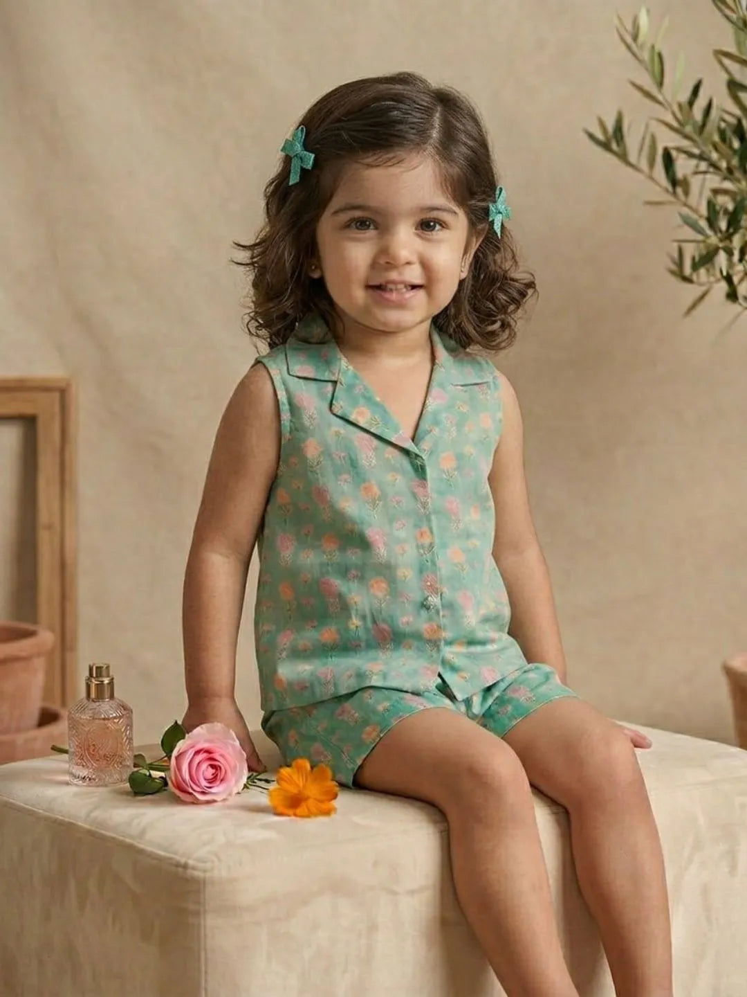 Toddler girl wearing green pastel floral sleeveless co-ord set sitting pose
