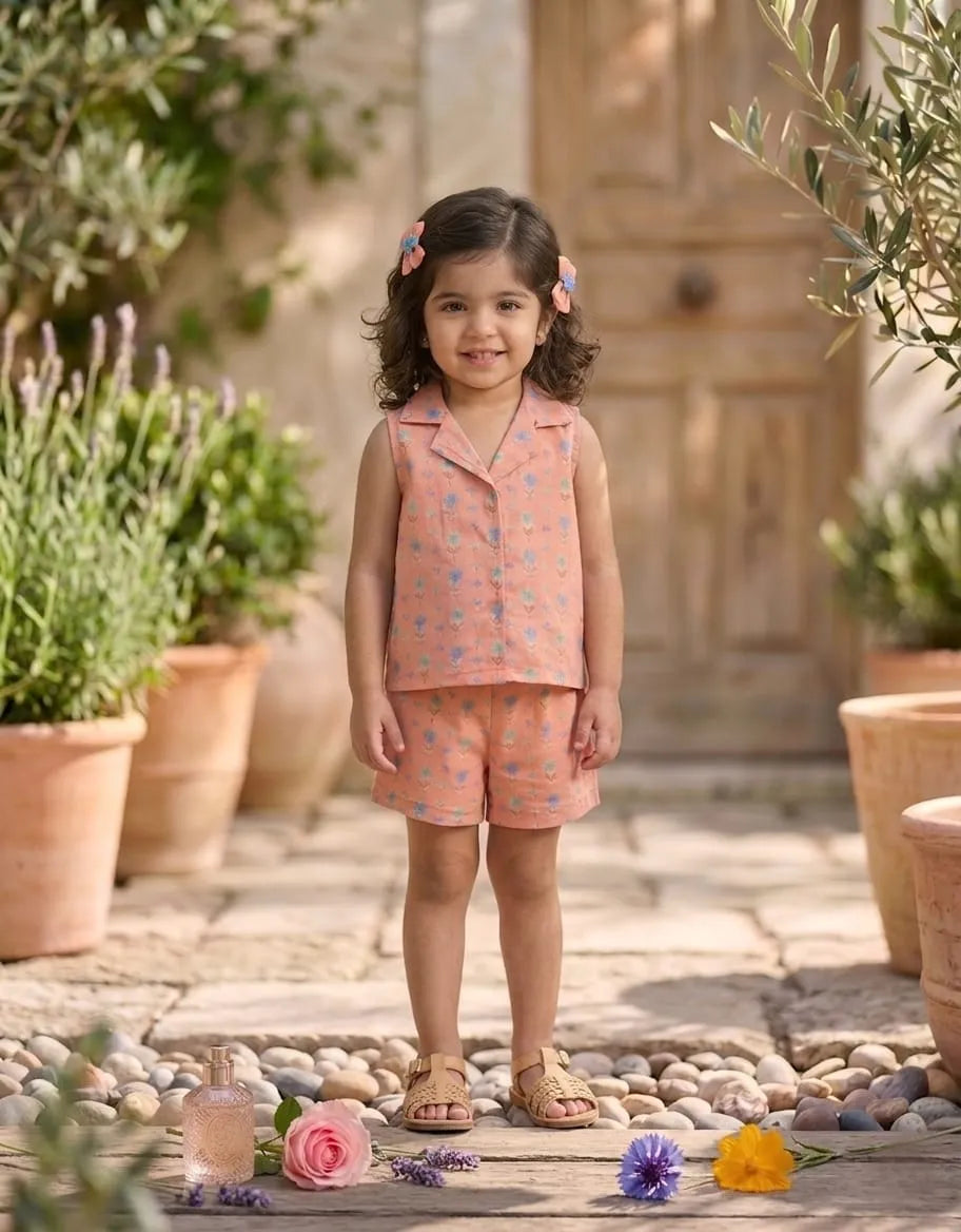 Girls pastel floral sleeveless co-ord set in peach front view