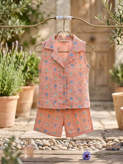 Kids peach floral cotton top and shorts co-ord set front angle