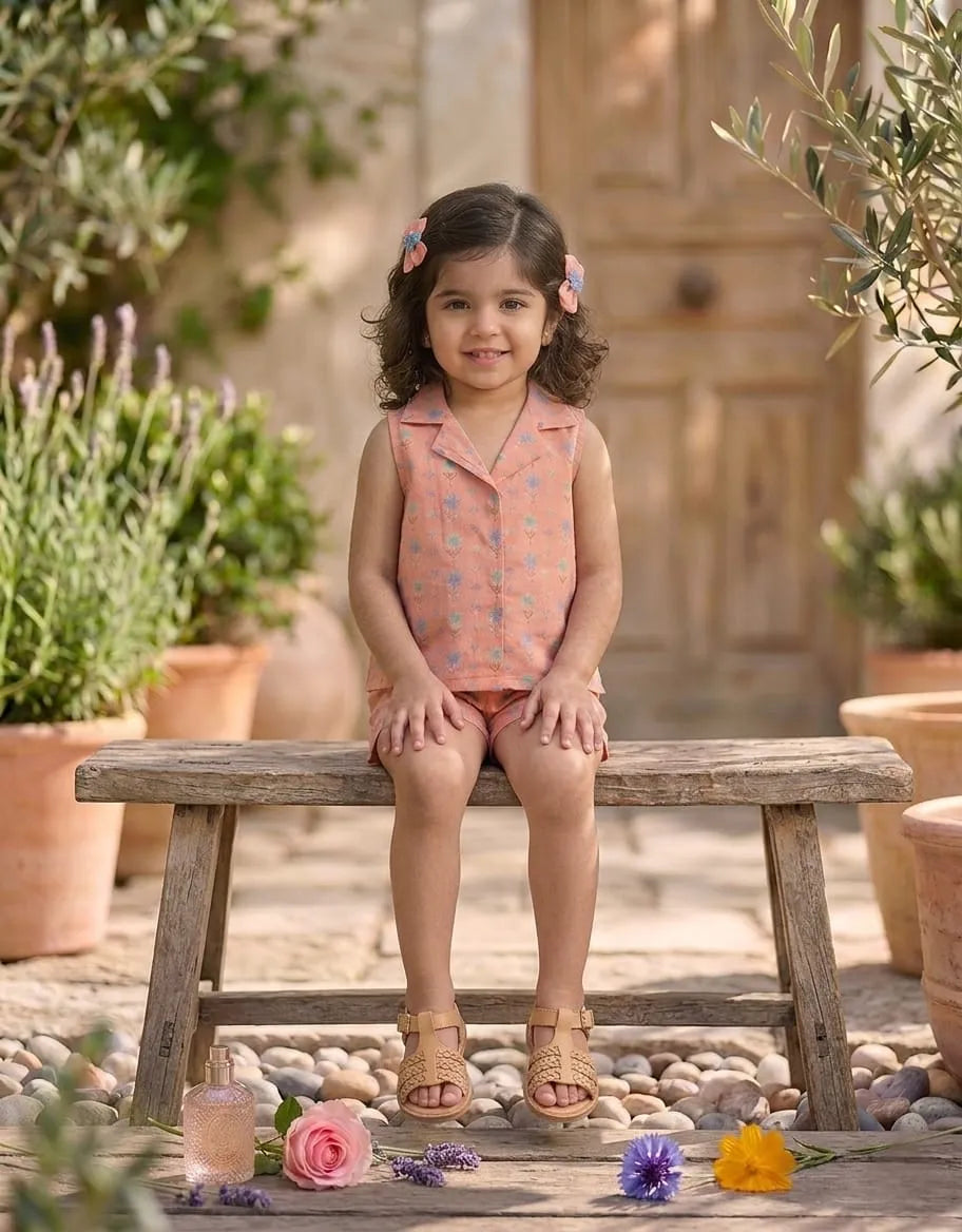 Toddler girl wearing peach pastel floral sleeveless co-ord set sitting pose
