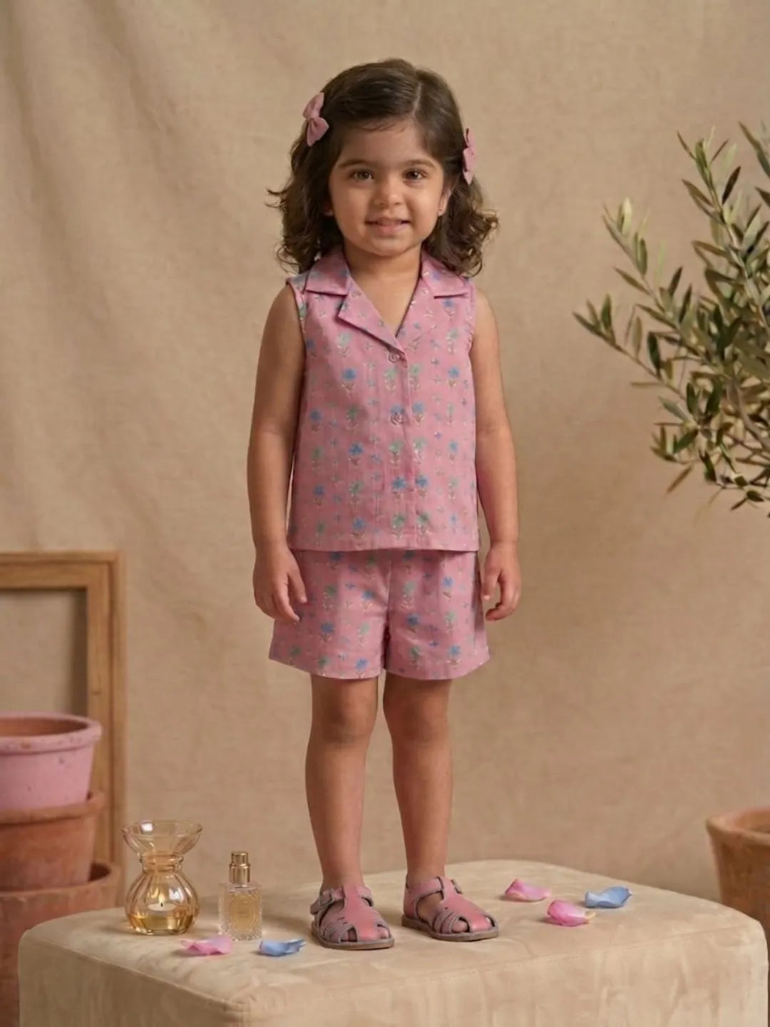 Girls pastel floral sleeveless co-ord set in pink front view
