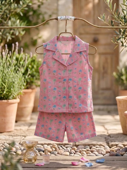 Kids pink floral cotton top and shorts co-ord set front angle