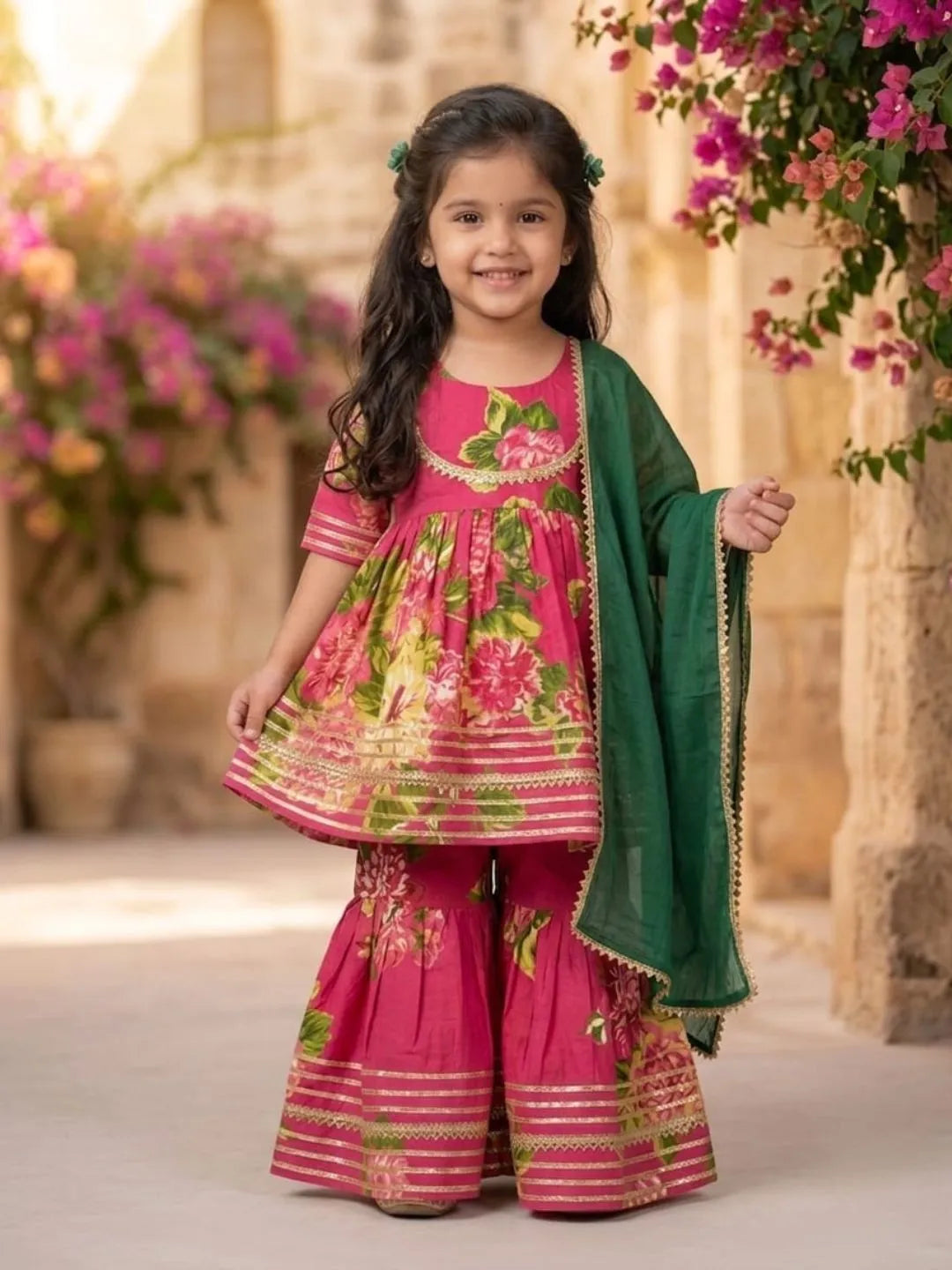 Girl wearing pink floral kurta sharara set with dupatta front view