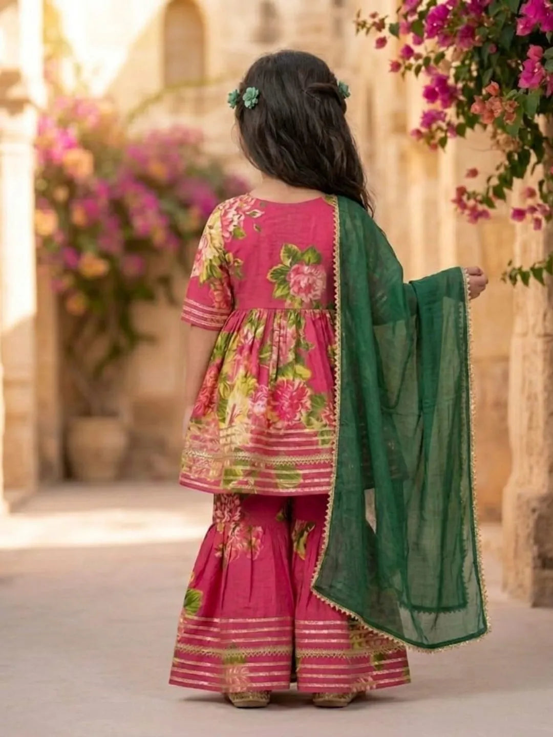 Back view of girls pink floral ethnic sharara set