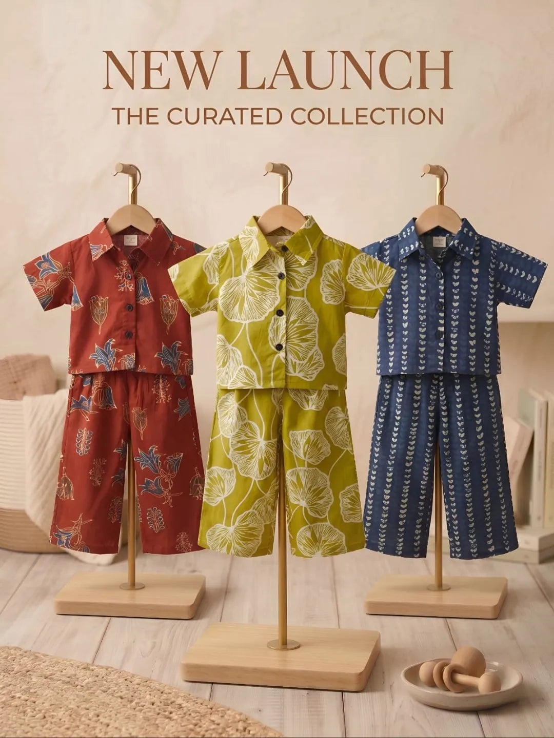 Girls printed co-ord set in rust, green and blue front view