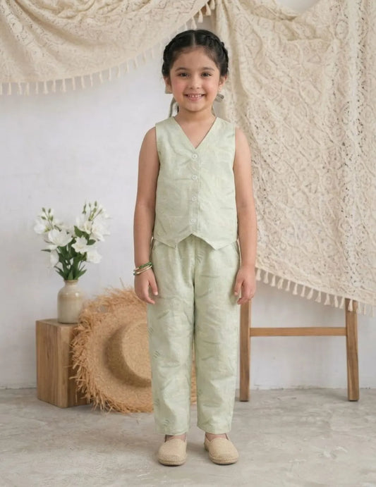 girl wearing sage green cotton co-ord set front view sleeveless vest and pants