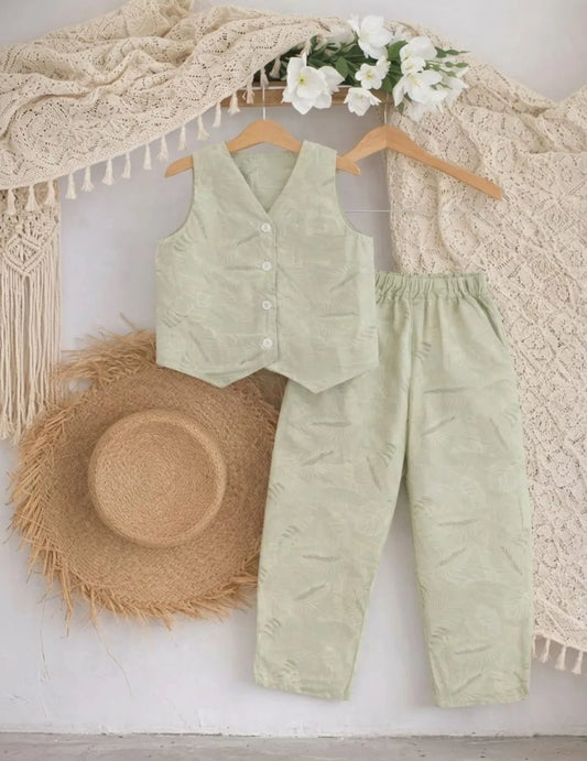 kids sage green co-ord set front view stylish vest top and matching pants
