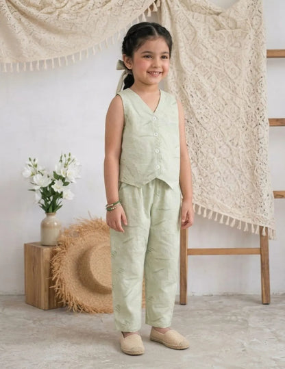 girls trendy sage green cotton outfit front view sleeveless vest and pants set