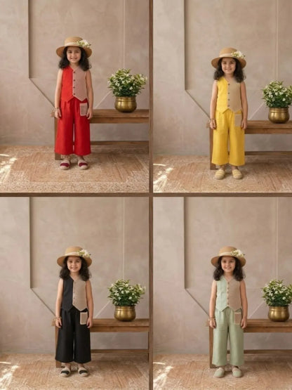 Four images of a young girl in different outfits standing on a wooden shelf with plants.
