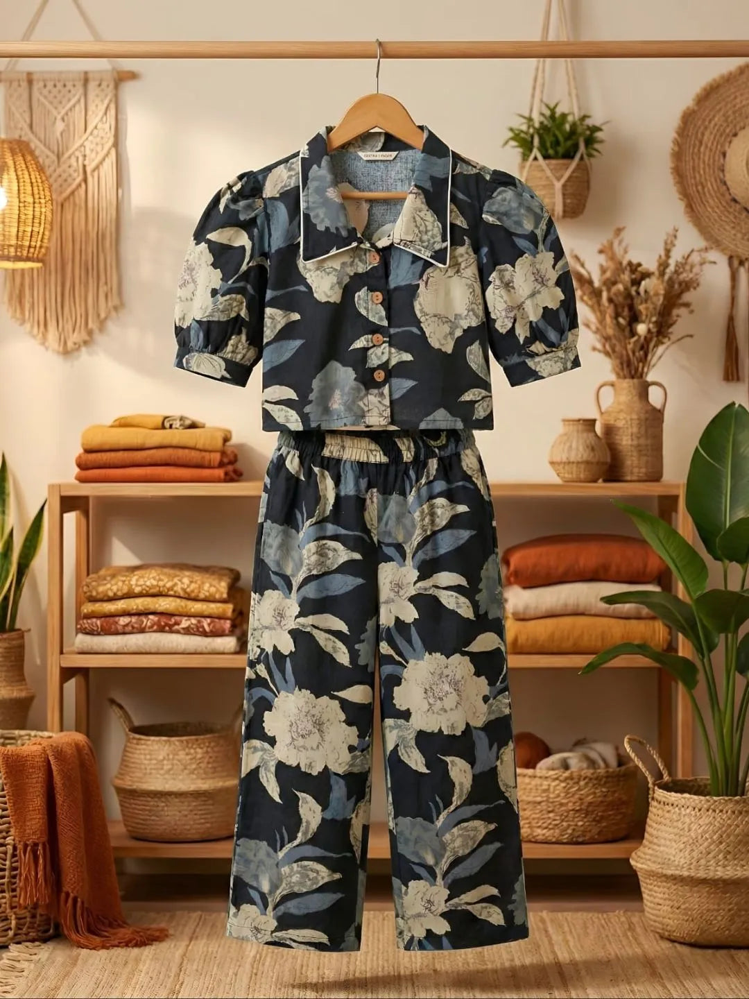 Full front view of girls stylish black floral co-ord set outfit for casual and party wear