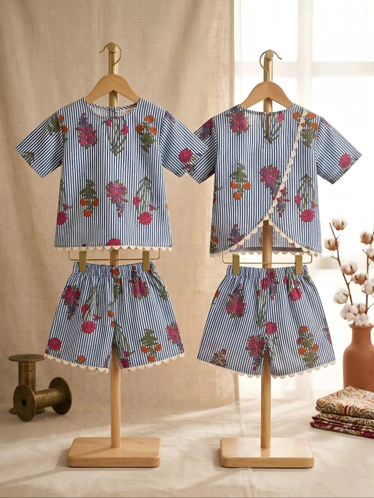 Kids girls summer cotton co-ord set with floral print and stripe design, front and back combined view, soft breathable outfit with lace trim and stylish split back