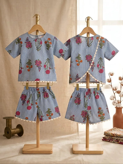 Kids girls summer cotton co-ord set with floral print and stripe design, front and back combined view, soft breathable outfit with lace trim and stylish split back