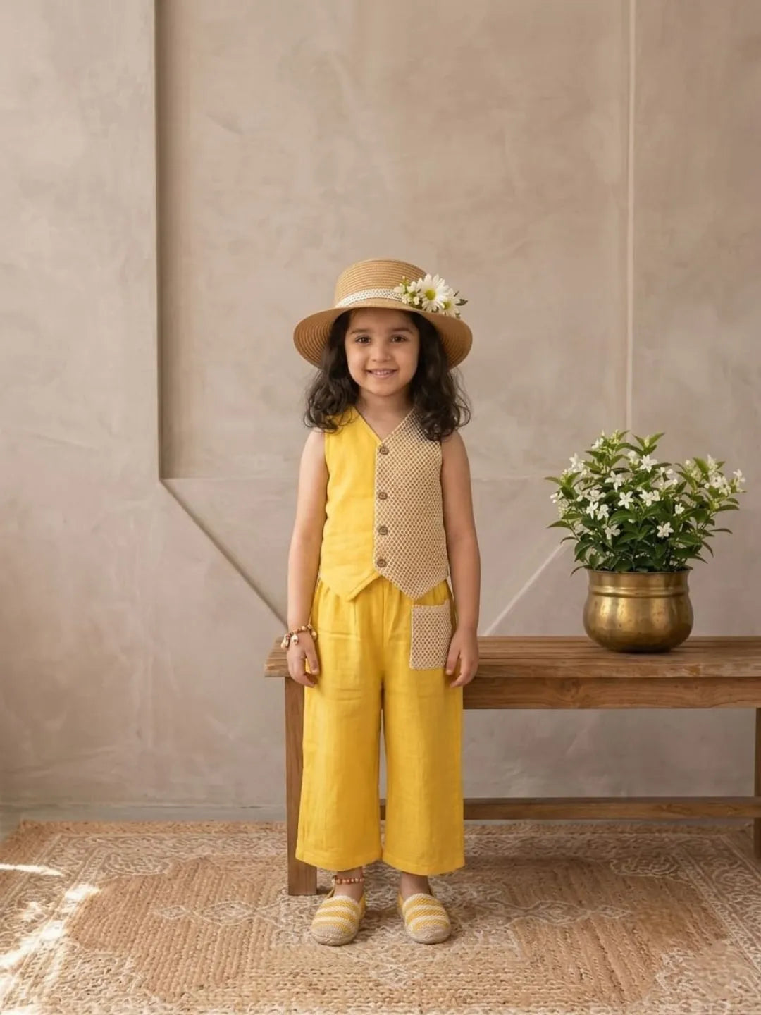 Young girl in a yellow outfit and hat standing next to a wooden bench with a plant on it.
