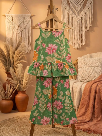 Kids green floral printed co-ord set front look with sleeveless top and wide leg pants