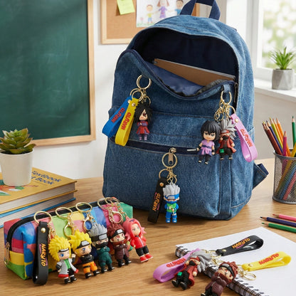 Blue denim backpack with keychains on a desk with stationery items